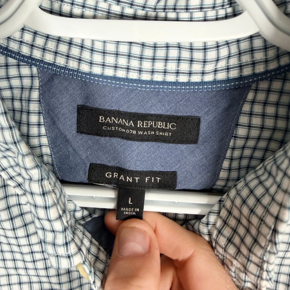 Banana Republic‎ Grant Fit Shirt Button Down Mens L Custom 078 Wash Blue Check